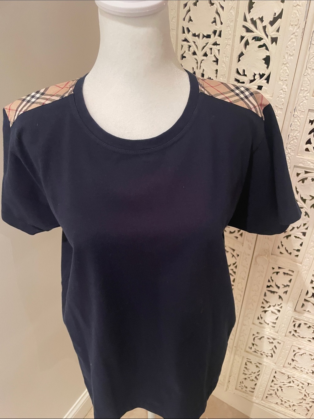 Burberry Navy Tee with Signature Check Shoulder Details